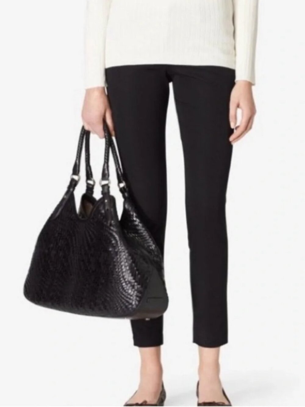 Cole Haan Genevieve Woven Triangle Black Patent Leather Suede Tote Shoulder Bag